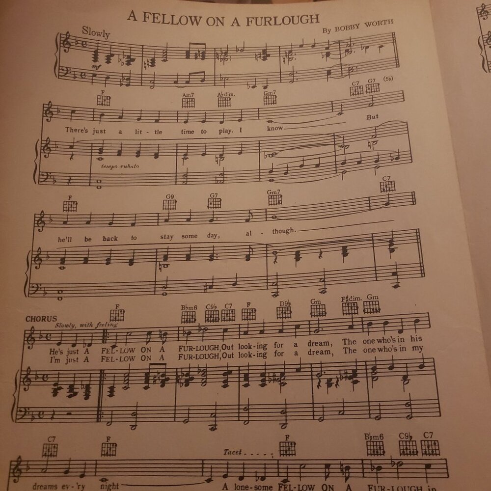 A Fellow On A Furlough Vintage 1943 Sheet Music By Bobby Worth Martin Block Pub. - Picture 3 of 3